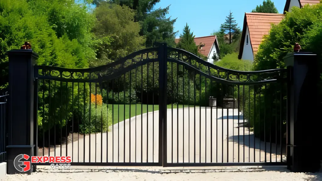 Cantilever gate across pebble driveway