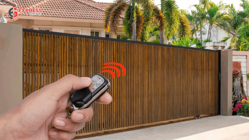 Close-up of remote on timber driveway gate