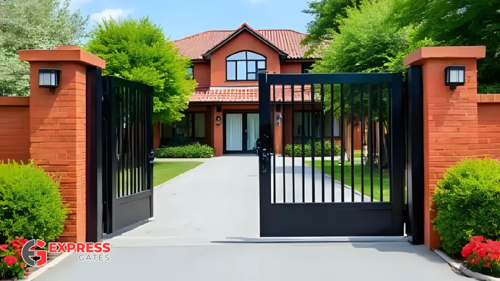 Double aluminium swing gate opening onto concrete drive