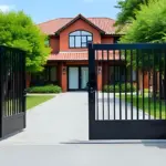 Double aluminium swing gate opening onto concrete drive
