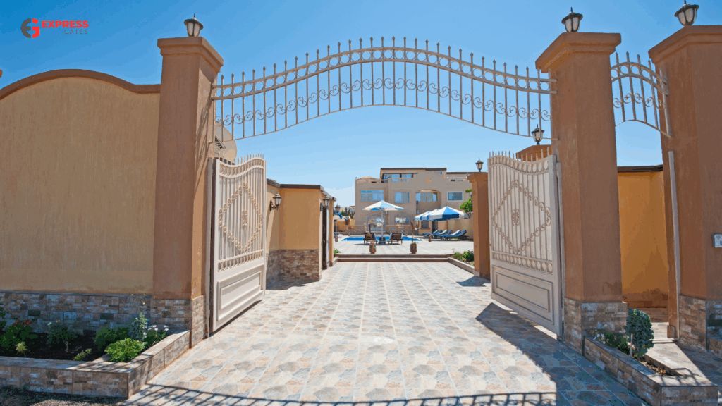 Luxury home entrance with dual swing gates opening inward