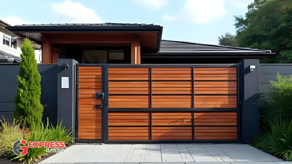 Modern front gate with mixed vertical and horizontal aluminium slats
