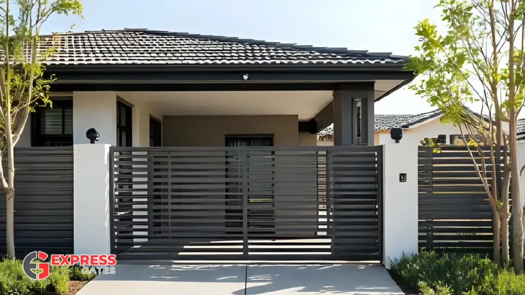Sliding aluminium slat gate beside modern home